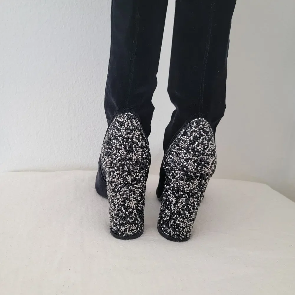 Over the‎ Knee Boot Zip Glittery Block Heel Velvet Sz 7 Whimsygoth Party Concert